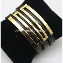 Genuine black belt buckle leather bangles with 18k gold plated metal